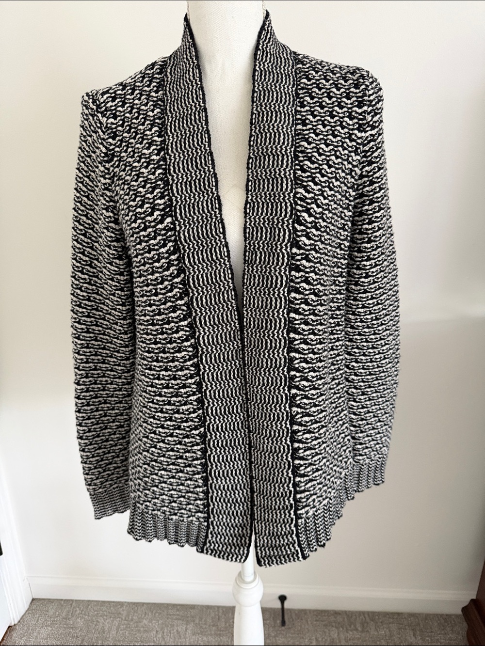 Talbots Black & White Textured Open Cardigan